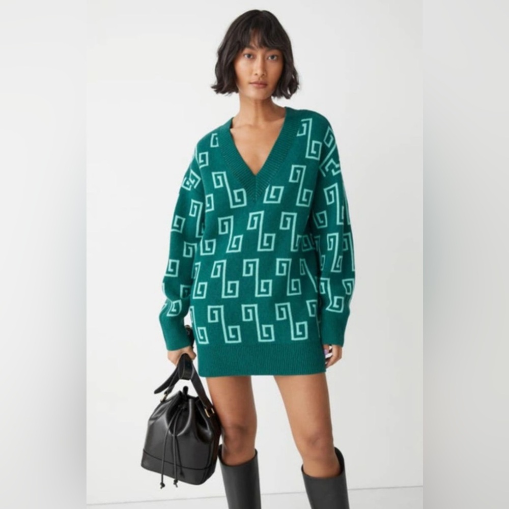 & Other Stories Oversize Jacquard Knit Wool Blend Sweater In Green Jaquard